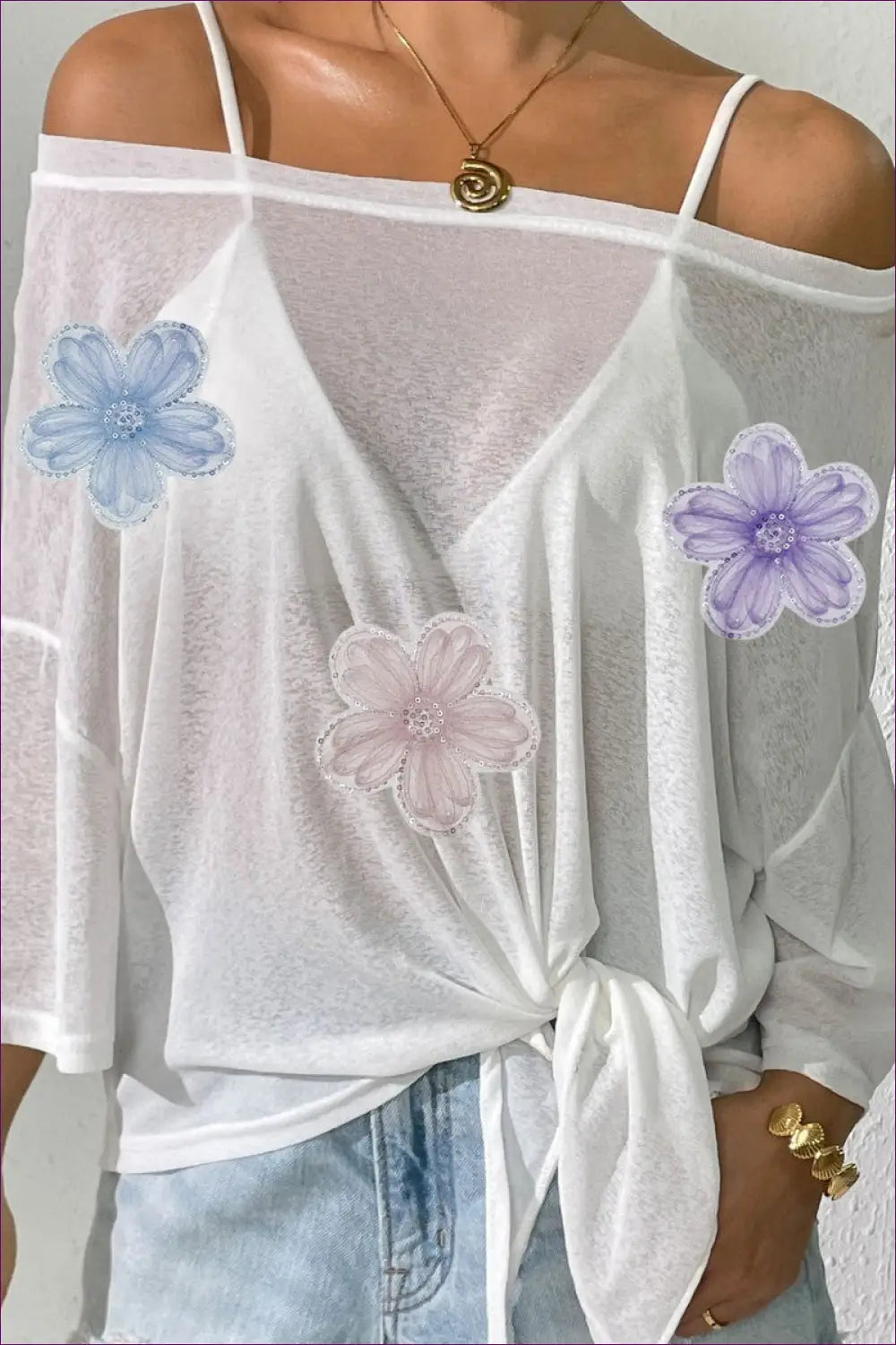 Top with Floral Appliques - Bohemian Weekend Vibes - Lingerie Hut - Blouse • Boho • Casual • Chiffon • Everyday