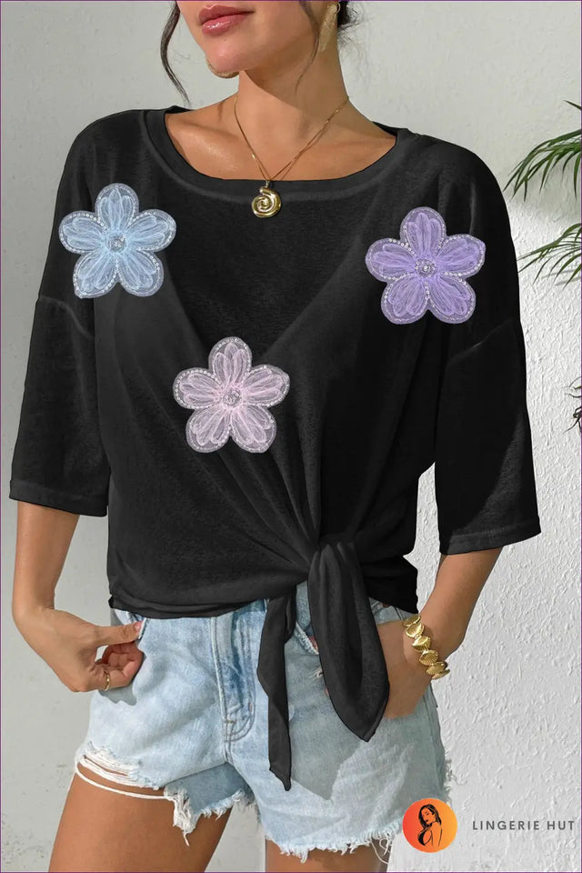 Top with Floral Appliques - Bohemian Weekend Vibes