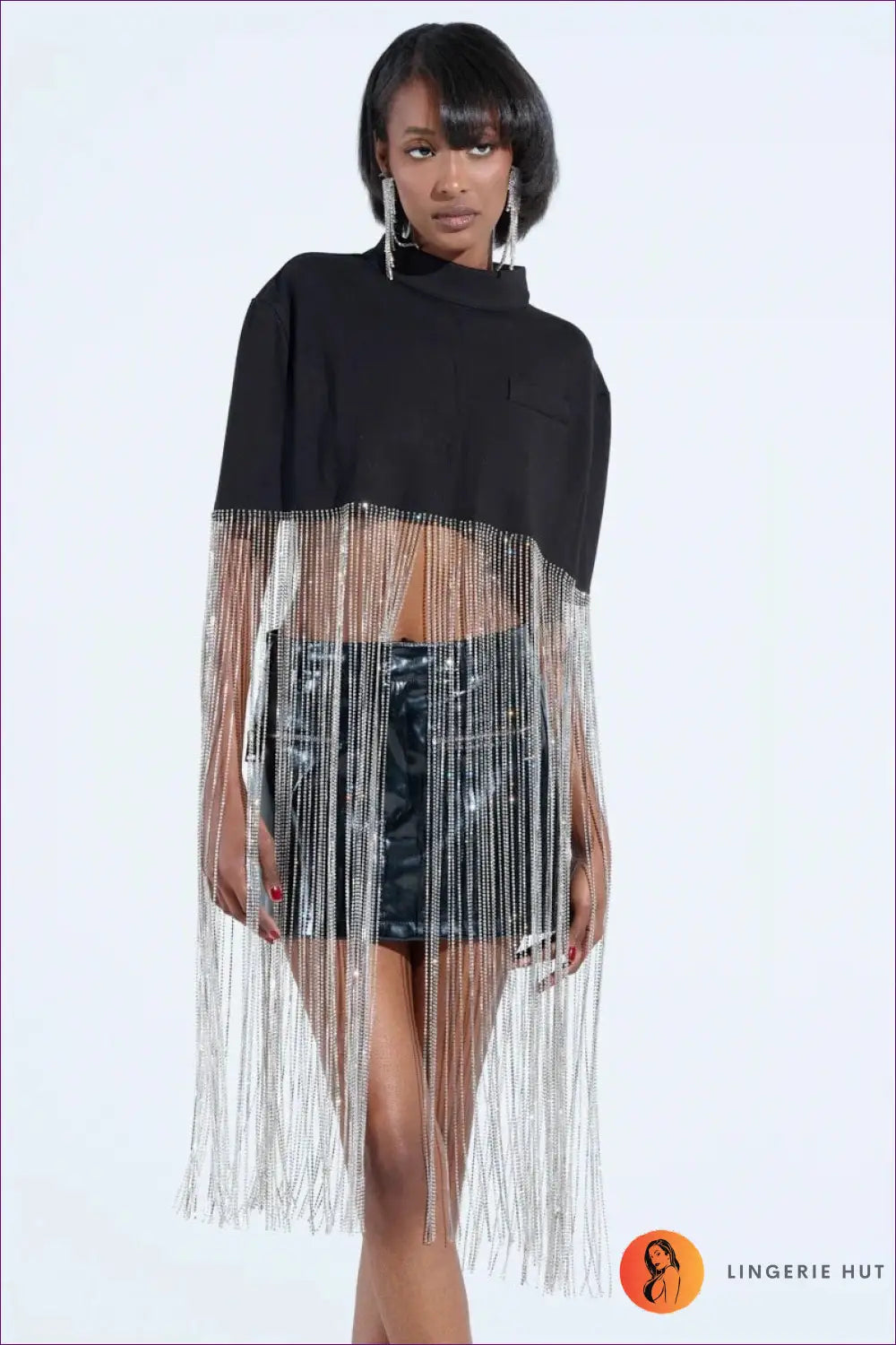 Fringe Crop Top with Metallic Detail - Moves with you - S-m / Black - Lingerie Hut - Boho • Cutout • Glamour