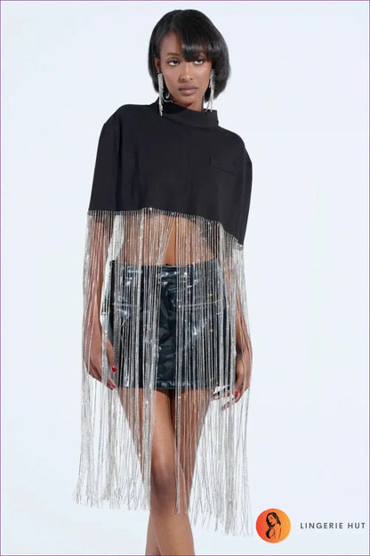 Fringe Crop Top with Metallic Detail - Moves with you - S-m / Black - Lingerie Hut - Boho • Cutout • Glamour
