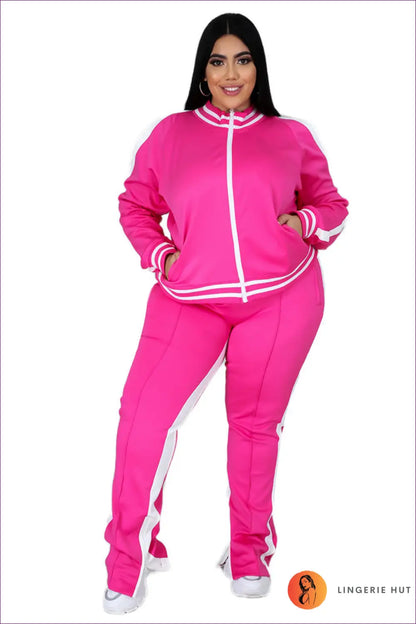 Tracksuit Set with Contrast Trim - Athletic Confidence - l / Coral Red - Outfit - Lingerie Hut - Activewear • All