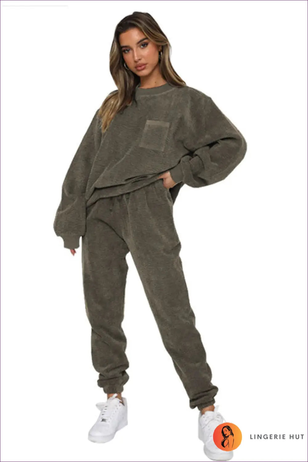Tracksuit Set with Ribbed Texture - Cosy Sunday Ritual - s / Gray Army Green - Loungewear - Lingerie Hut - All Season