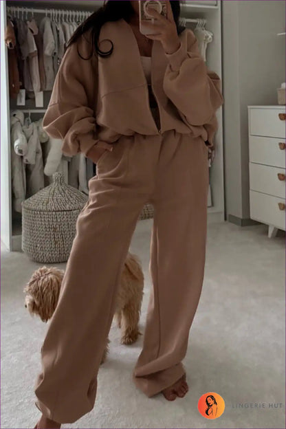 Tracksuit Set with Zip Jacket - Elevated Leisure for Activewear, All Season, Autumn, Casual, co Ord