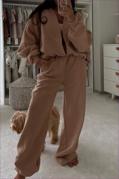 Tracksuit Set with Zip Jacket - Elevated Leisure for Activewear, All Season, Autumn, Casual, co Ord