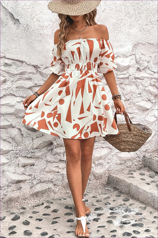 Elevate Your Wardrobe With Our Trendy Off-shoulder Printed Dress. a Fashion Essential, This Dress Combines