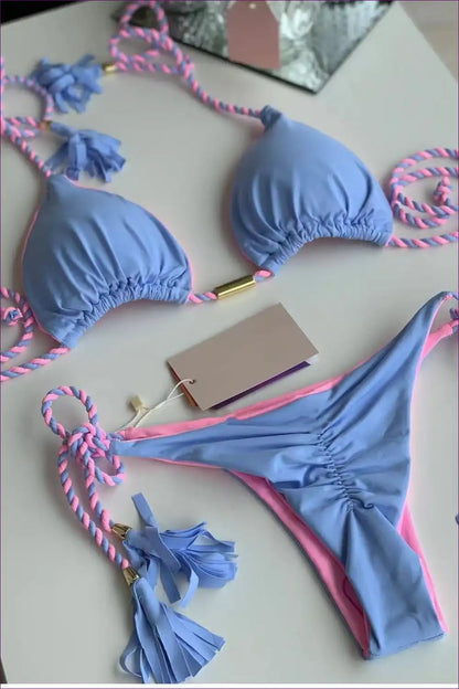 Triangle Bikini with Braided Rope and Tassel Detail for Holidays Beachwear, Bikini, Boho, Casual,