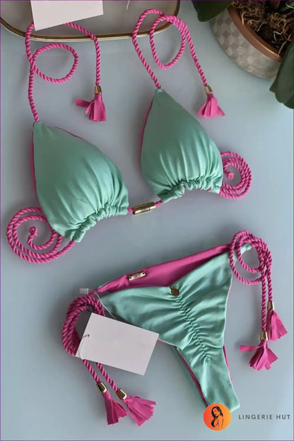 Triangle Bikini with Braided Rope and Tassel Detail for Holidays Beachwear, Bikini, Boho, Casual,