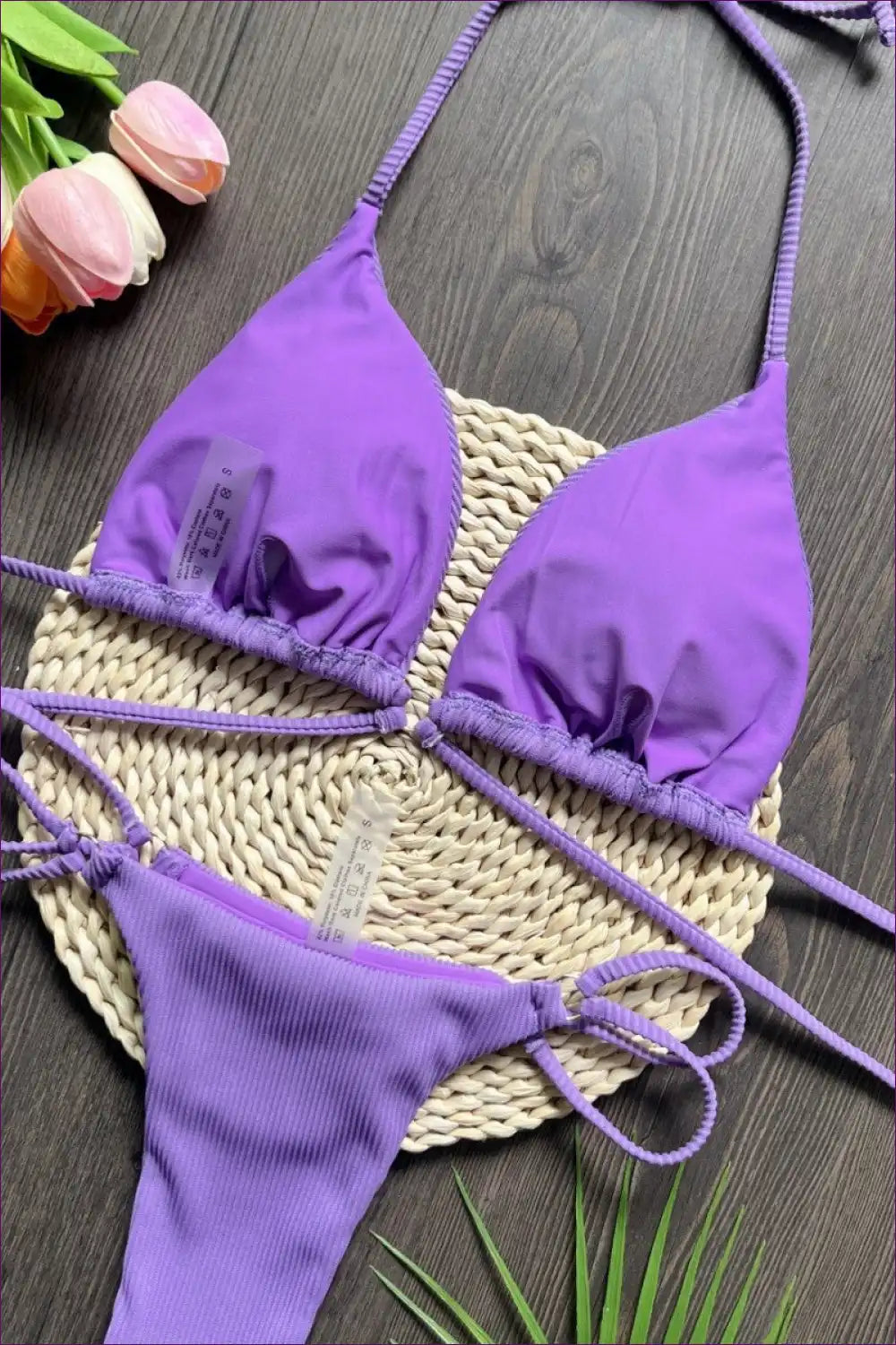 Triangle Bikini Set with Ribbed Texture and Tie Sides for Beachwear, Bikini, Boho, Casual, Everyday