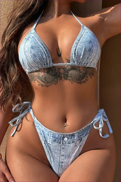Triangle Bikini with Tie Sides and Denim Print - Poolside Attitude for Backless, Beachwear, Bikini, Casual,