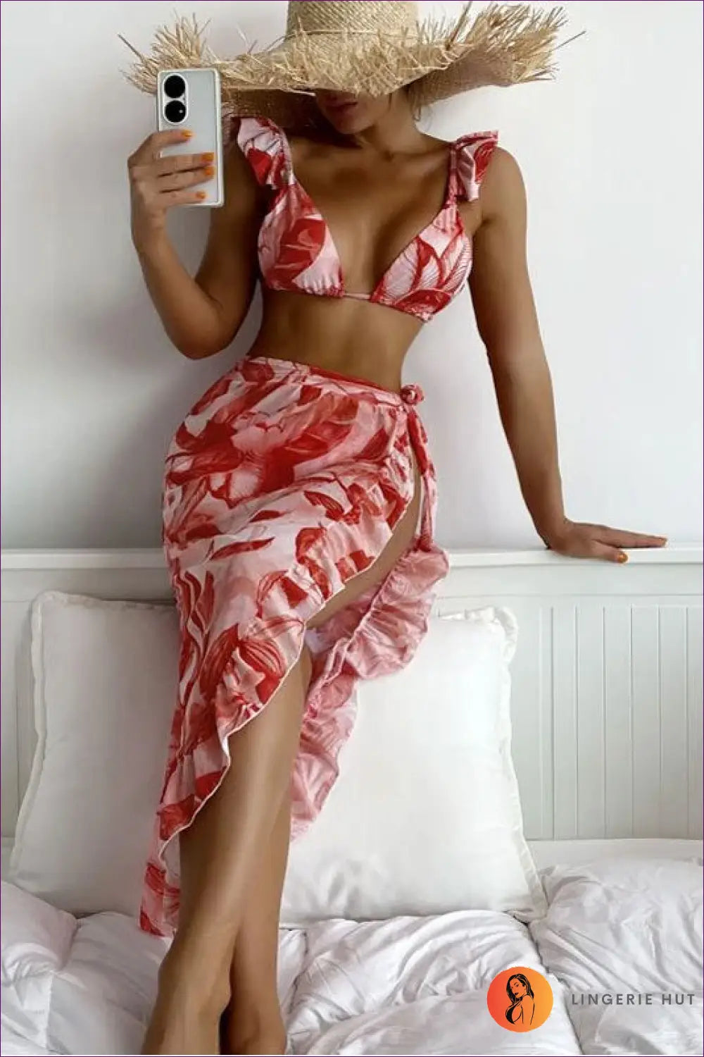 Tropical Bikini Set with Ruffled Ties - Effortless Beach Style - s / Red - Swimwear - Lingerie Hut - Beachwear • Boho