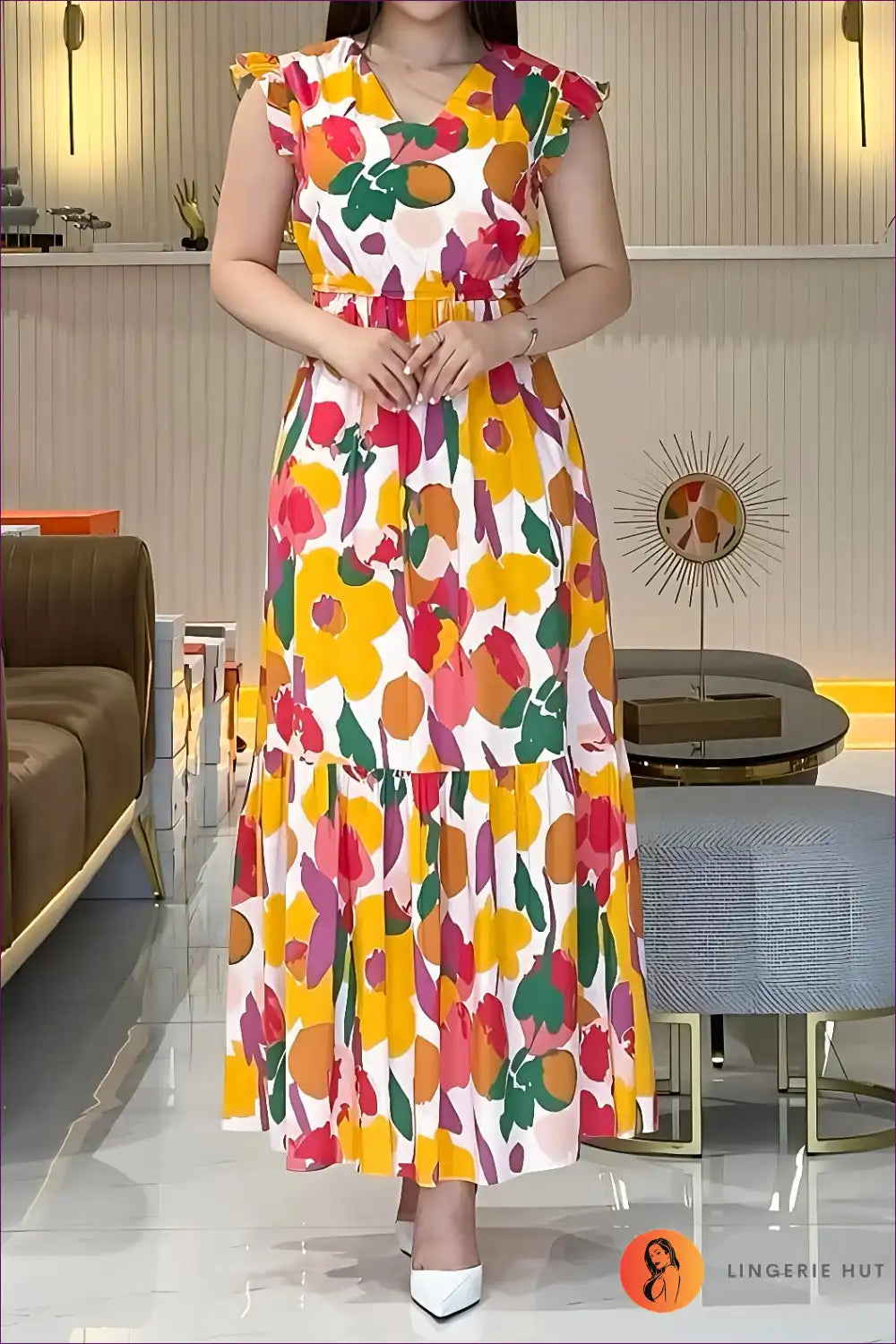 Tropical Bloom V-neck Maxi Dress - Trendy Summer Floral Gown for a Line, Cotton, Date Night, Dress, Glamour