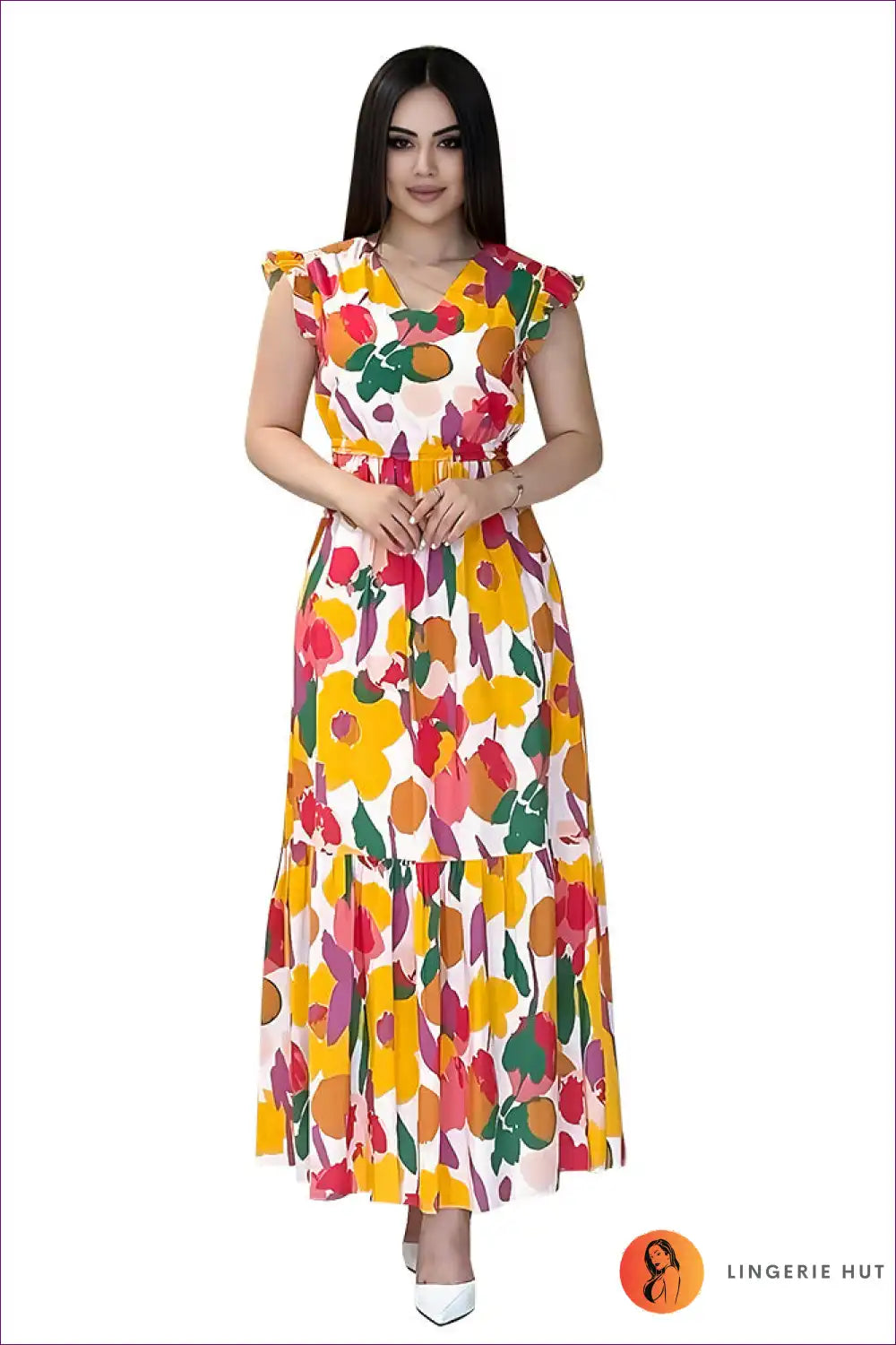 Tropical Bloom V-neck Maxi Dress - Trendy Summer Floral Gown for a Line, Cotton, Date Night, Dress, Glamour