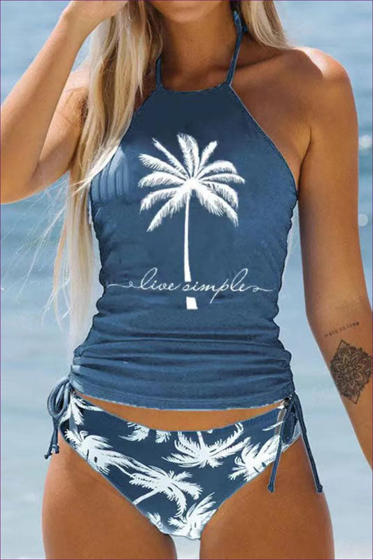 Dive Into Paradise With Our Tropical Coconut Tree Print Lace-up Swimsuit. Feel Confident And Elegant In This
