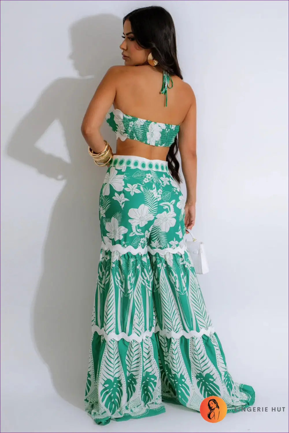 Tropical Green Two-piece Set - Vibrant & Breezy Island Style for Beachwear, Boho, Casual, Chiffon, co Ord