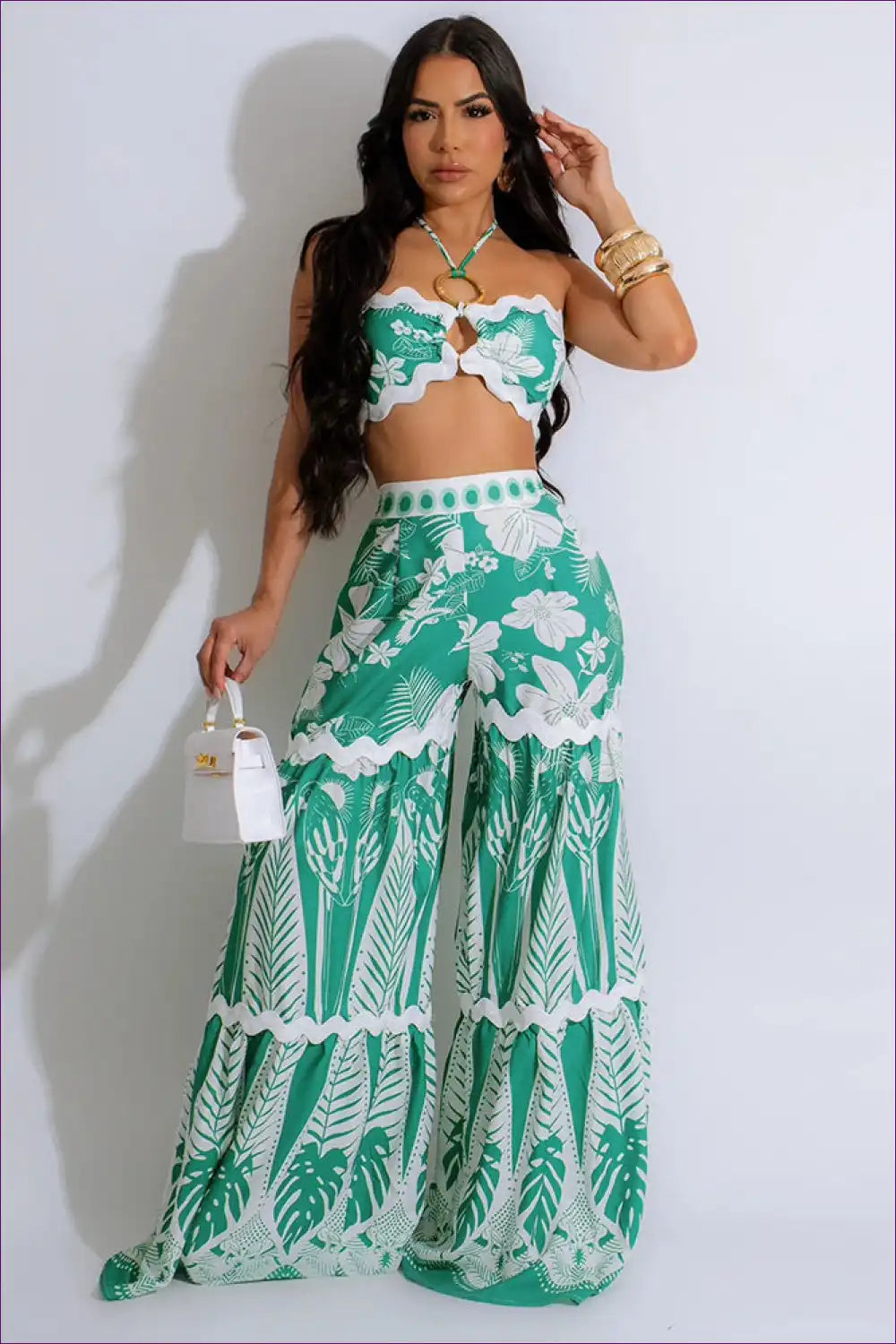 Tropical Green Two-piece Set - Vibrant & Breezy Island Style for Beachwear, Boho, Casual, Chiffon, co Ord