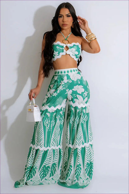 Tropical Green Two-piece Set - Vibrant & Breezy Island Style for Beachwear, Boho, Casual, Chiffon, co Ord