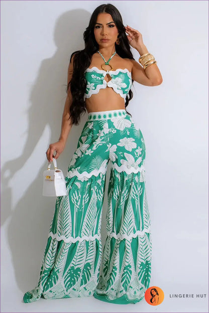 Tropical Green Two-piece Set - Vibrant & Breezy Island Style for Beachwear, Boho, Casual, Chiffon, co Ord