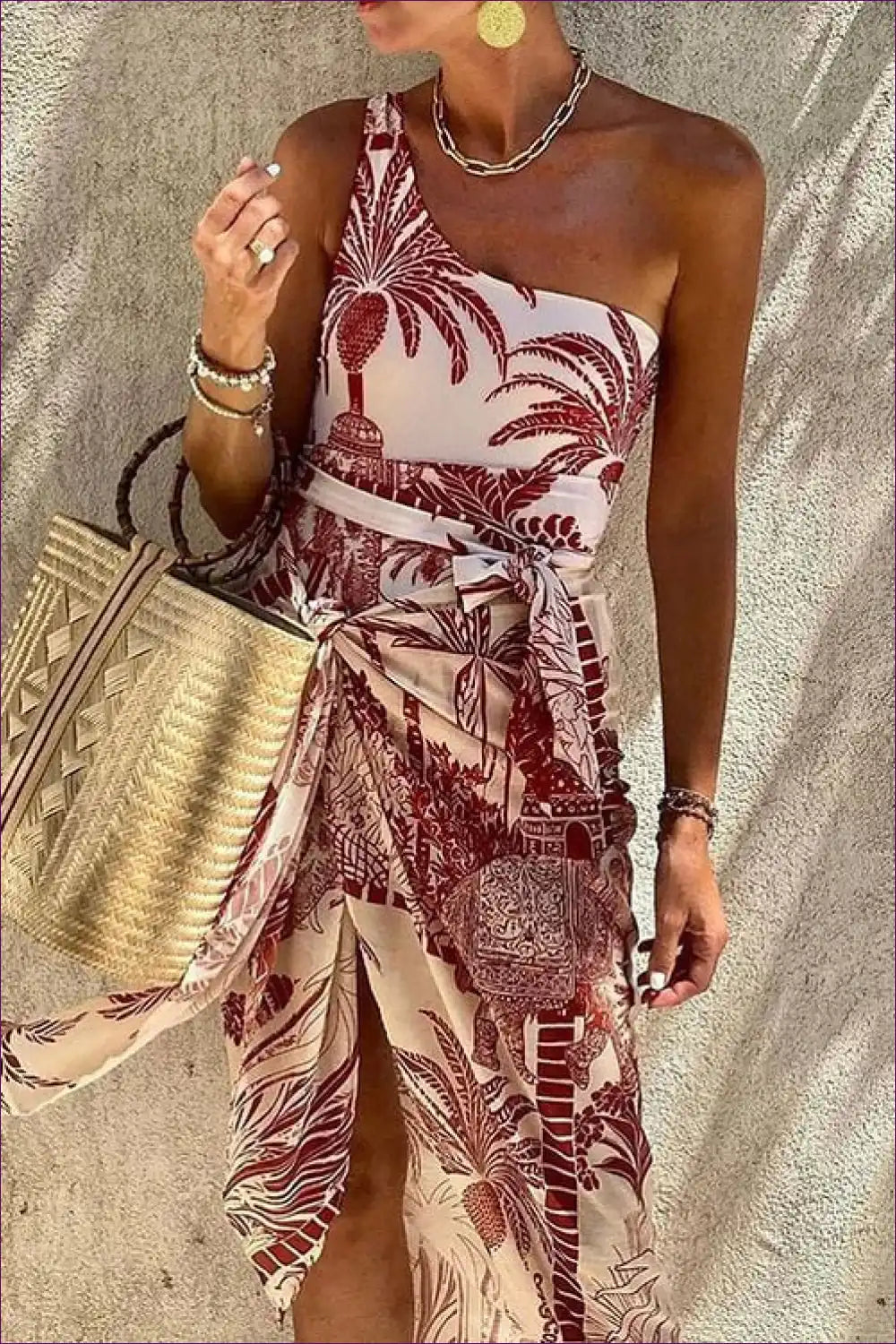 Tropical Paradise One-shoulder Midi Dress - Exotic Elegance for Summer Escapes Boho, Casual, Date Night,