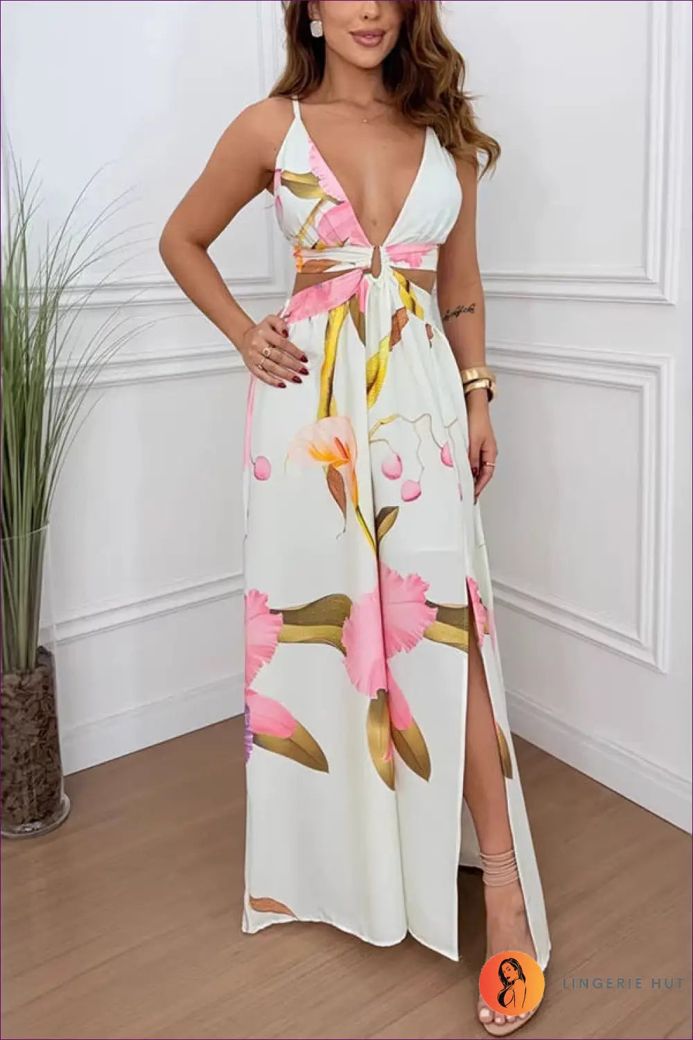 Tropical Print Maxi Dress with Cut-outs - Effortless Escape - s / White - Dresses - Lingerie Hut - Backless • Beachwear