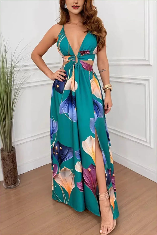 Tropical Print Maxi Dress with Cut-Outs - Effortless Escape