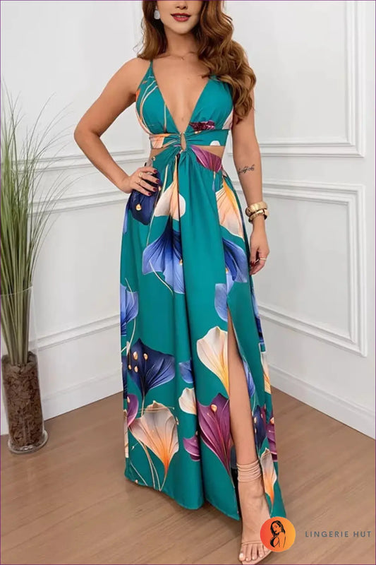 Tropical Print Maxi Dress with Cut-outs - Effortless Escape - s / Peacock Green Printing - Dresses - Lingerie Hut