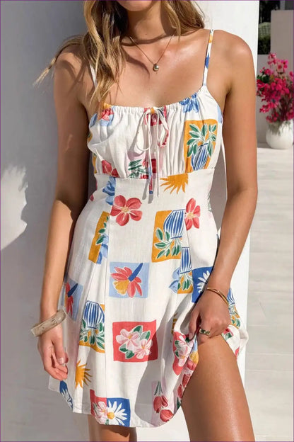 Tropical Print Mini Dress with Tie Front - Summer Romance for A-line, Beachwear, Casual, Everyday, Floral