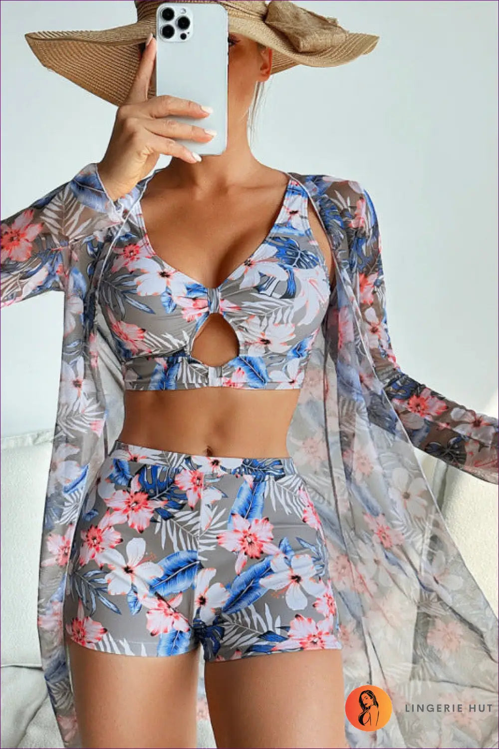 Tropical Three-piece Swimsuit Set with Mesh Cover-up - Island Hopping - Beachwear • Boho • Cutout • just in • Lingerie