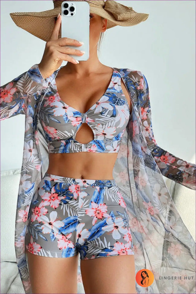 Tropical Three-Piece Swimsuit Set with Mesh Cover-Up - Island Hopping