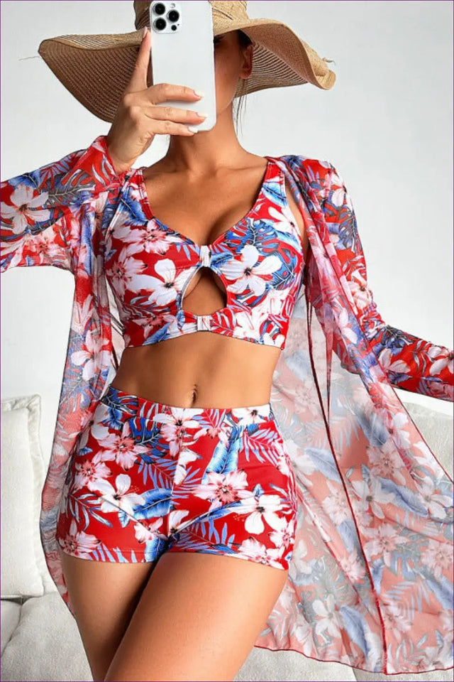 Tropical Three-Piece Swimsuit Set with Mesh Cover-Up - Island Hopping