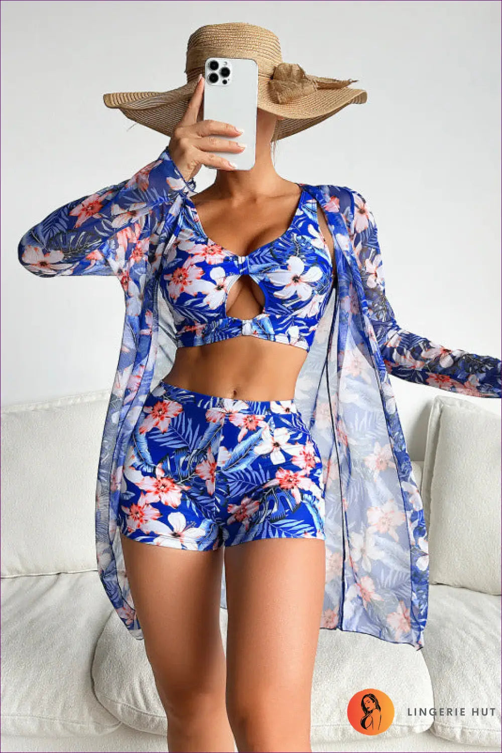Tropical Three-piece Swimsuit Set with Mesh Cover-up - Island Hopping - s / Blue - Beachwear • Boho • Cutout