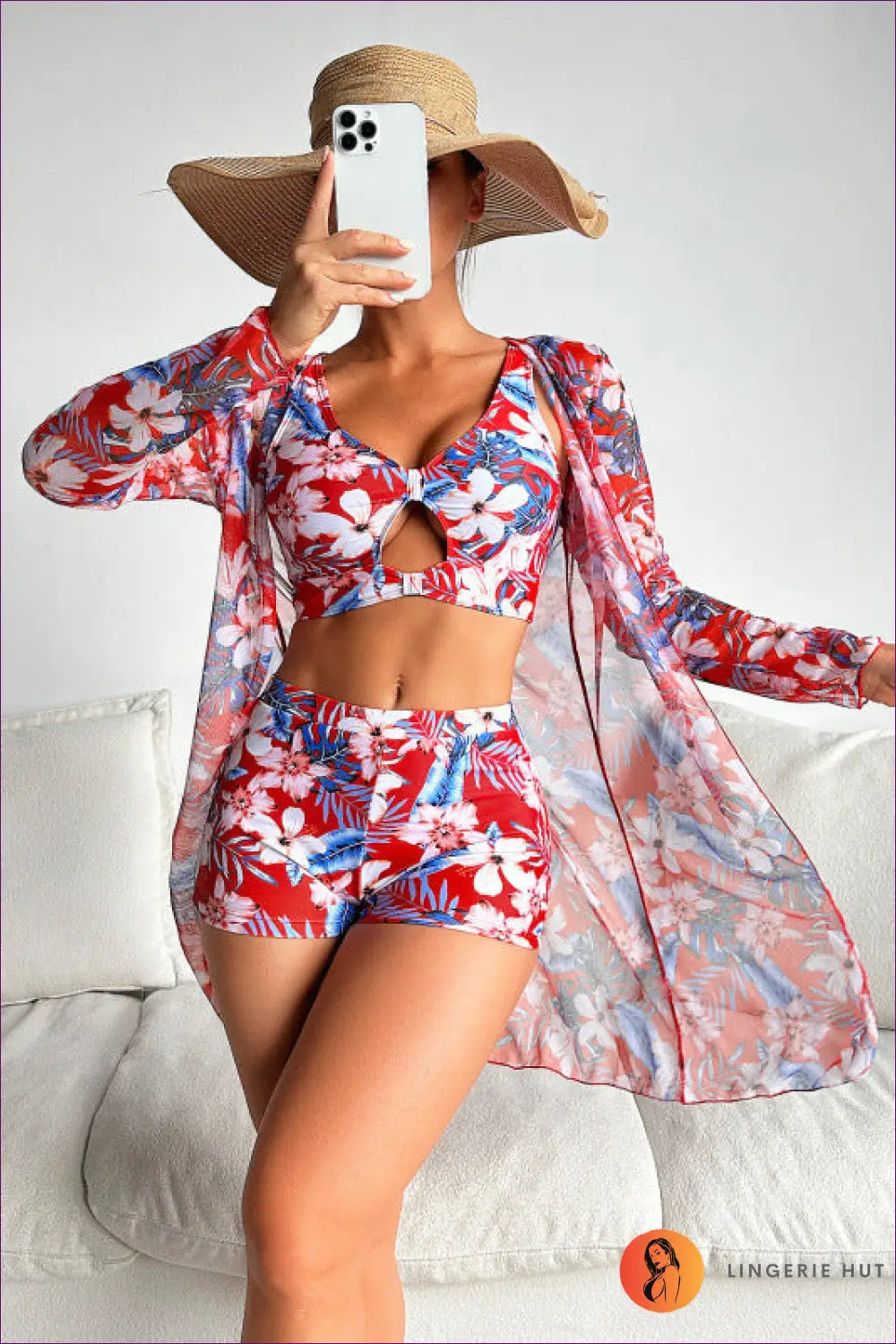 Tropical Three-piece Swimsuit Set with Mesh Cover-up - Island Hopping - s / Red - Beachwear • Boho • Cutout