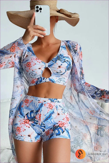 Tropical Three-piece Swimsuit Set with Mesh Cover-up - Island Hopping - Beachwear • Boho • Cutout • just in • Lingerie
