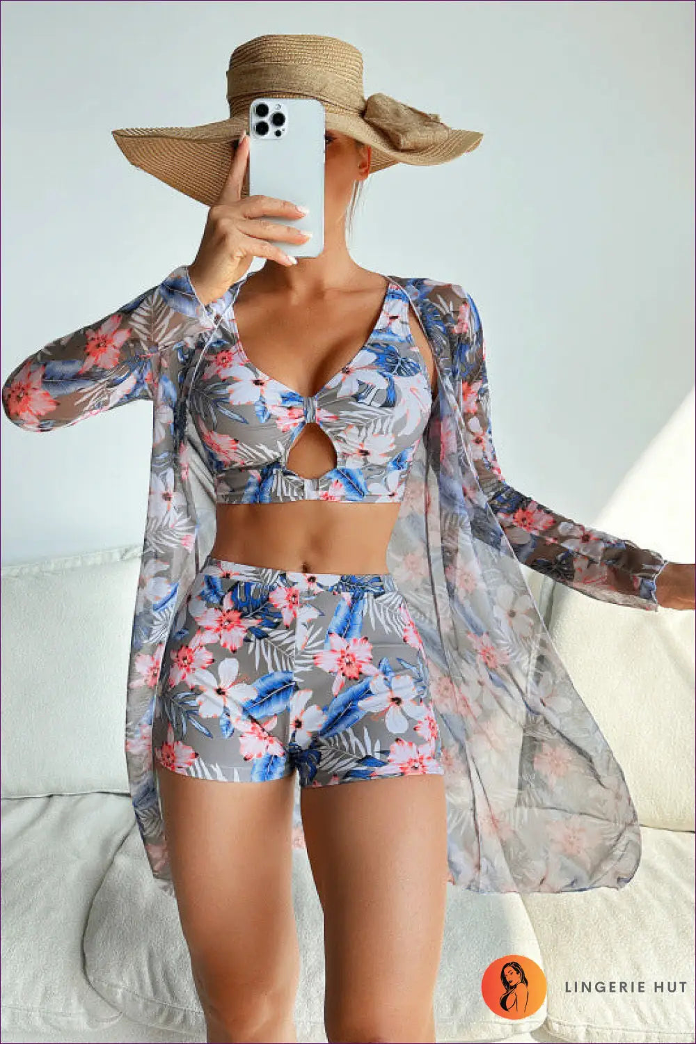 Tropical Three-piece Swimsuit Set with Mesh Cover-up - Island Hopping - s / Gray - Beachwear • Boho • Cutout