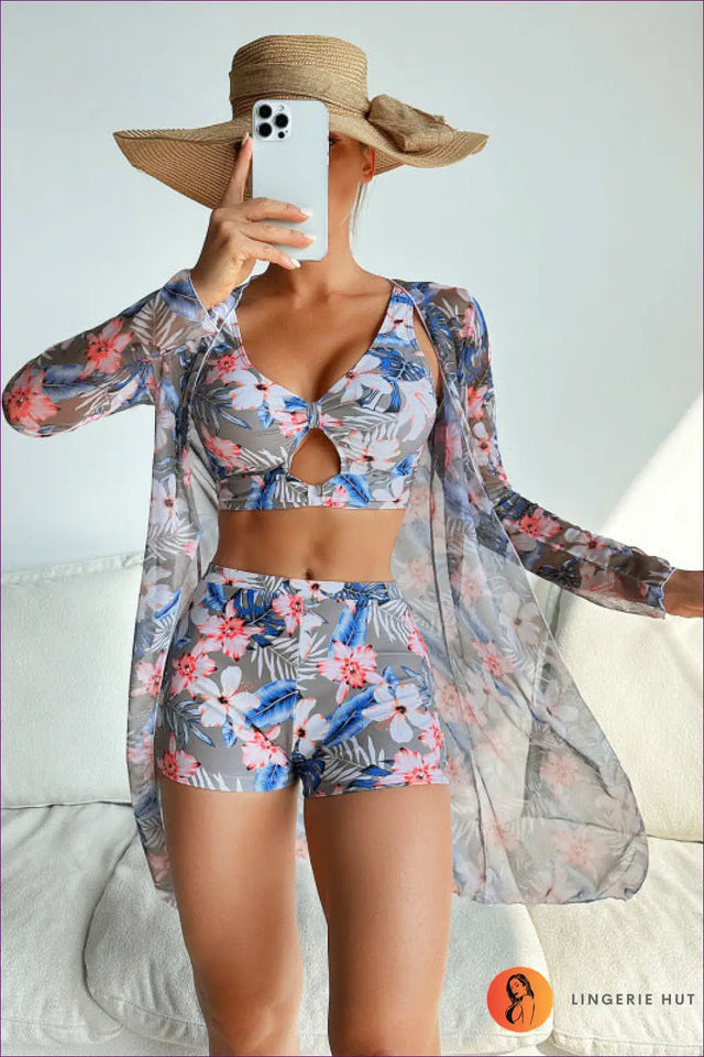 Tropical Three-Piece Swimsuit Set with Mesh Cover-Up - Island Hopping