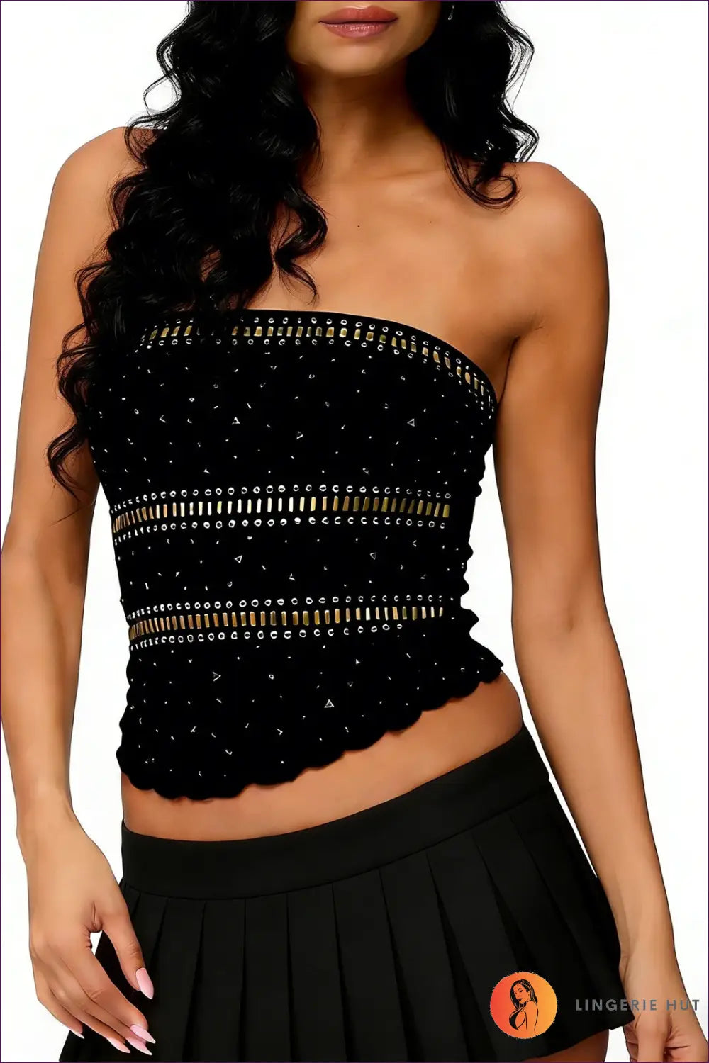 Tube Top with Rhinestone Details - Festival Ready - s / Black - Crop - Lingerie Hut - Casual • Clubwear • Glamour