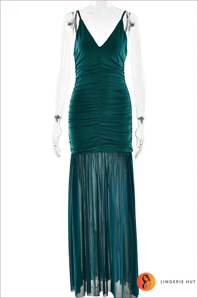Tulle Maxi Dress with Plunge & Ruching - Understated Glamour