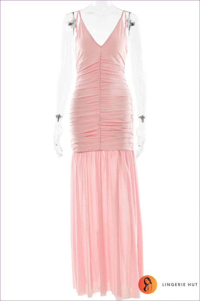 Tulle Maxi Dress with Plunge & Ruching - Understated Glamour