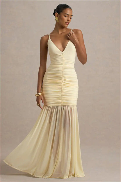 Tulle Plunge Maxi Dress with Ruched Mesh Detail for Backless, Evening Wear, Maxi, Mesh, Party