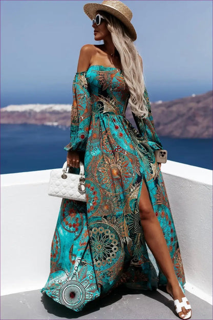 Turquoise Bohemian Off-shoulder Maxi Dress - Exotic Elegance for Boho, Chiffon, Dress, Everyday, Glamour