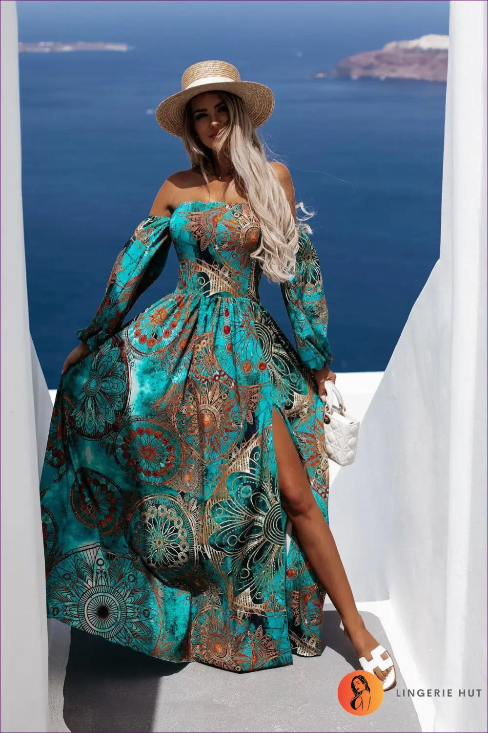 Turquoise Bohemian Off-shoulder Maxi Dress - Exotic Elegance for Boho, Chiffon, Dress, Everyday, Glamour