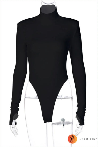 Turn Heads With Our Turtle Neck Backless Long Sleeve Thong Bodysuit. Figure-hugging, Ribbed Turtle Neck,
