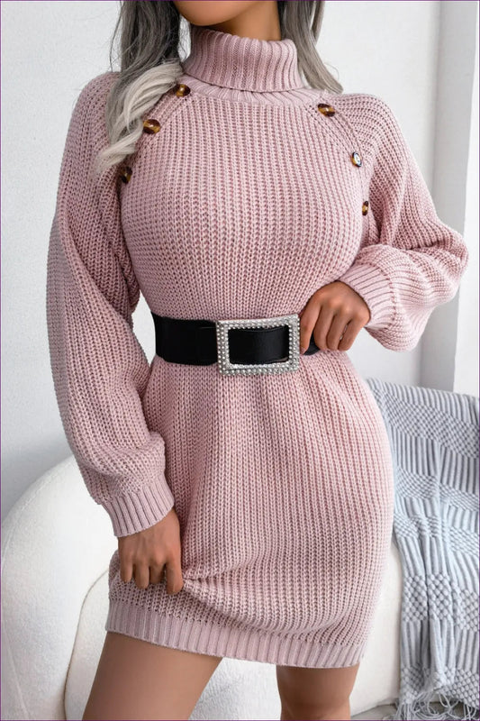 Make a Stylish Statement With Our Turtleneck Button Detail Sweater Mini Dress. Cozy Fabric, Classic