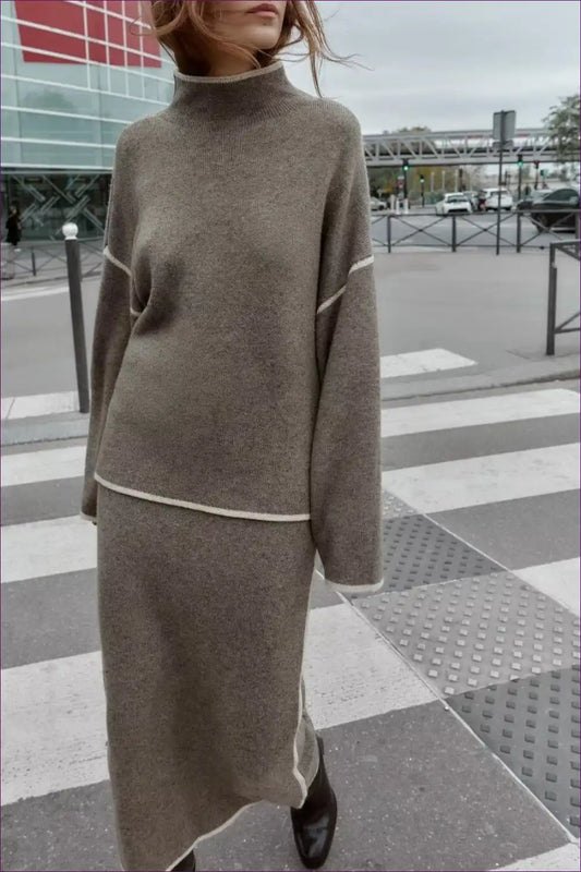 Turtleneck Knit Dress with Contrast Trim - Minimalist Chic for Autumn, Casual, Everyday, Formal Wear,