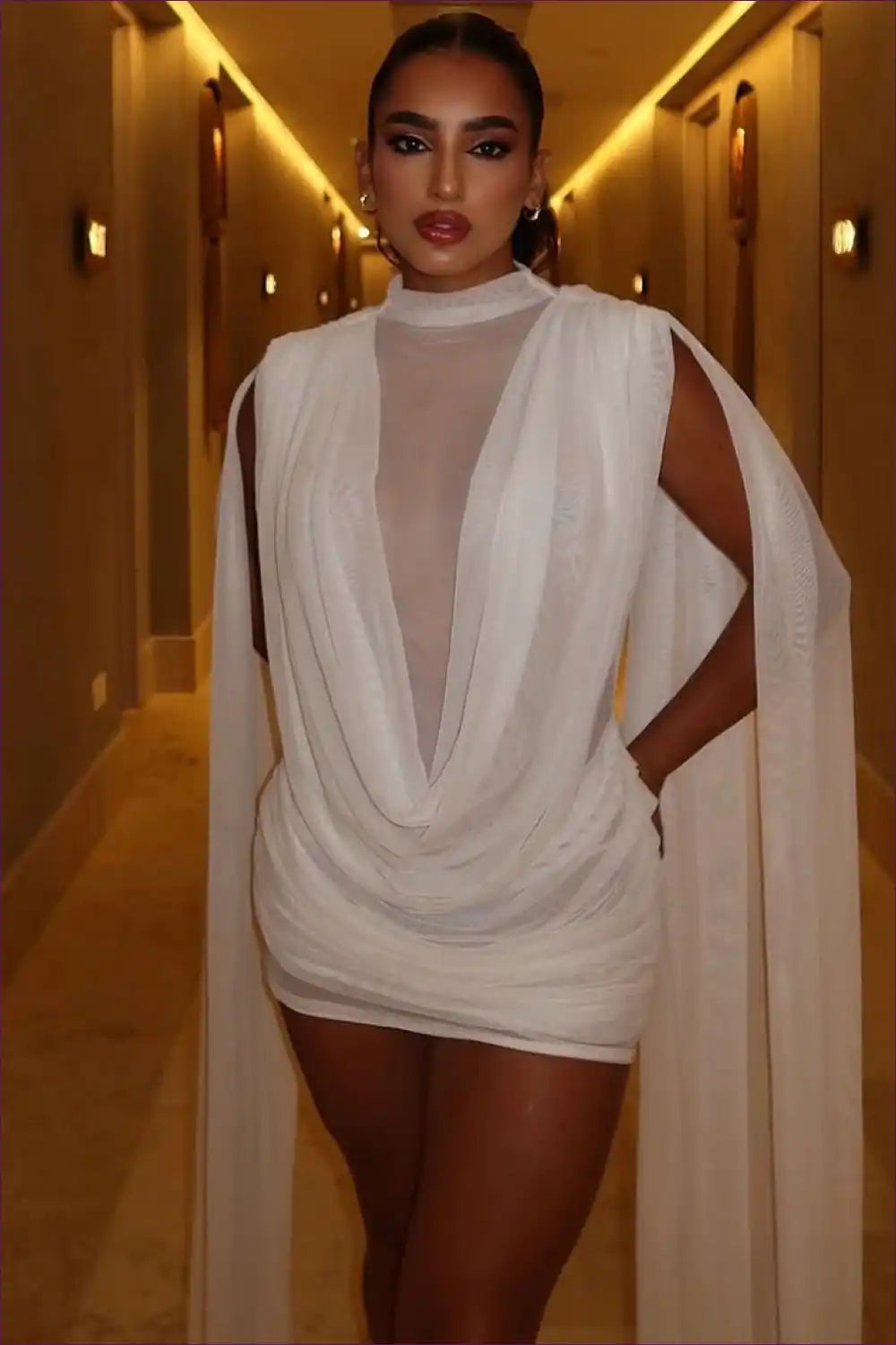 Turtleneck Mini Dress - Mesh Ribbon Hip Wrapped for Autumn, Bodycon, Clubwear, Mini, Party