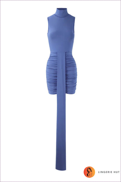 Turtleneck Mini Dress with Pleated Ribbon - Effortless Modern Edge - s / Blue - Dresses - All Season • Bodycon • Date
