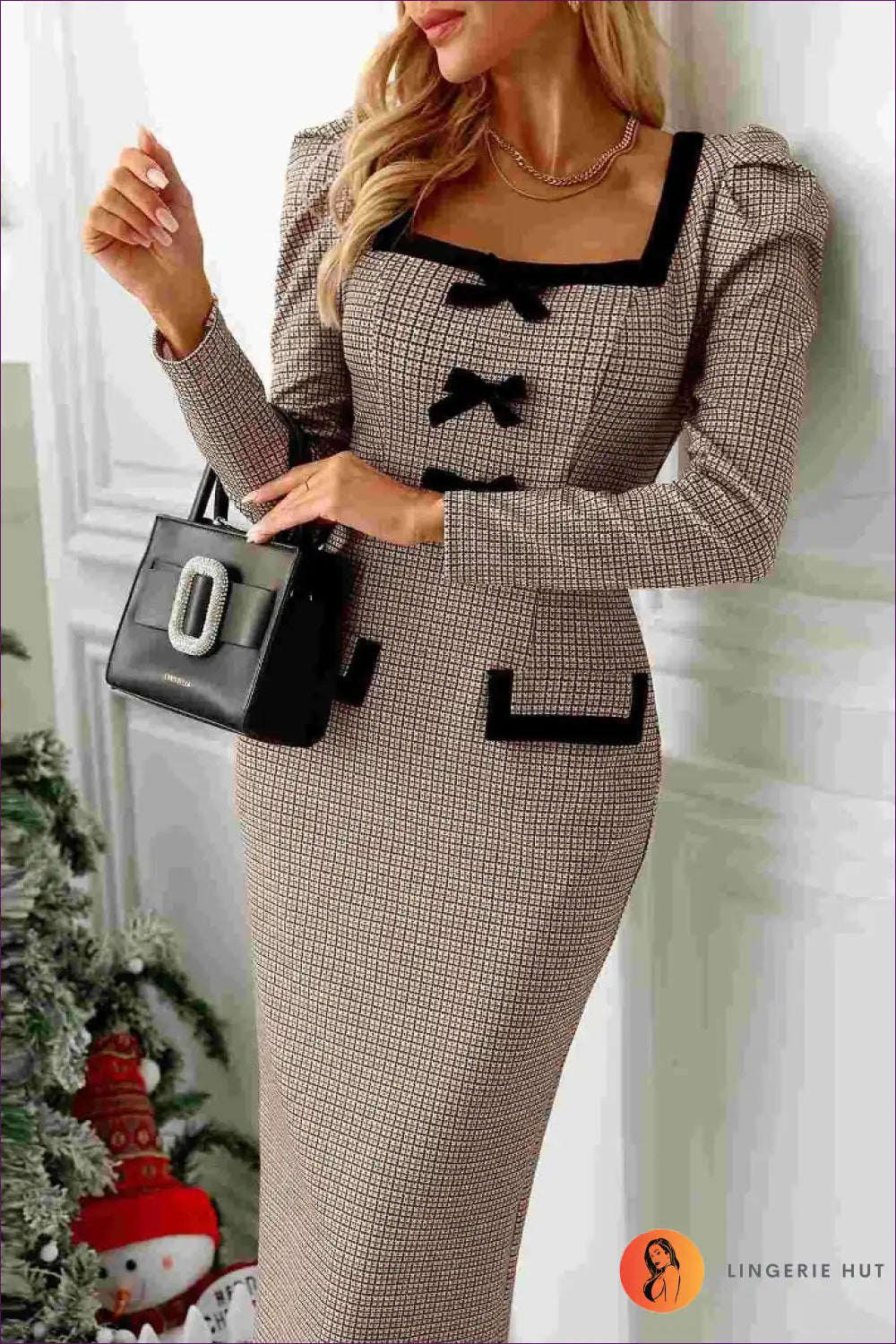 Tweed Midi Dress with Bow Details - Office Chic for Autumn, Bodycon, Casual, Everyday, Formal Wear