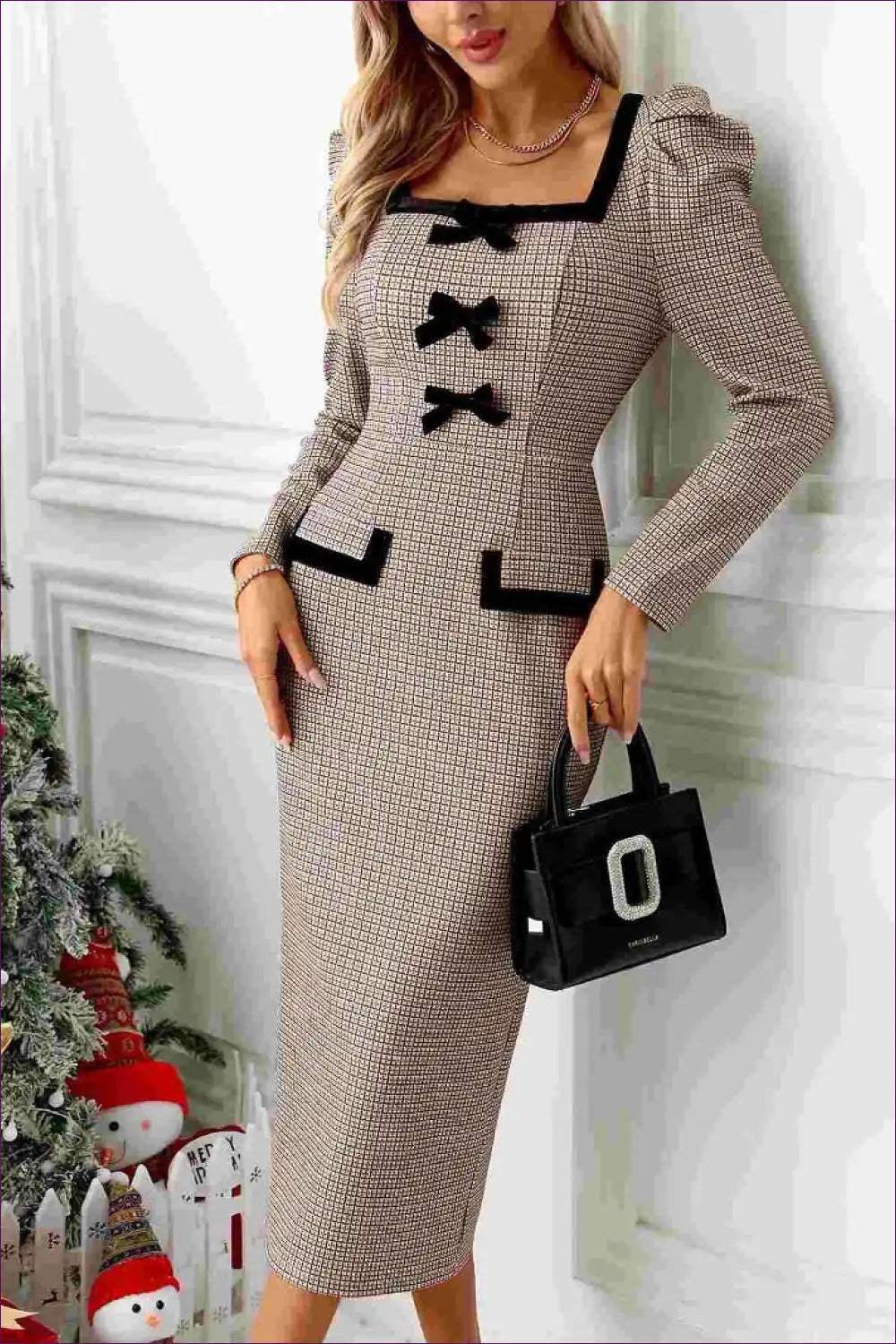 Tweed Midi Dress with Bow Details - Office Chic for Autumn, Bodycon, Casual, Everyday, Formal Wear