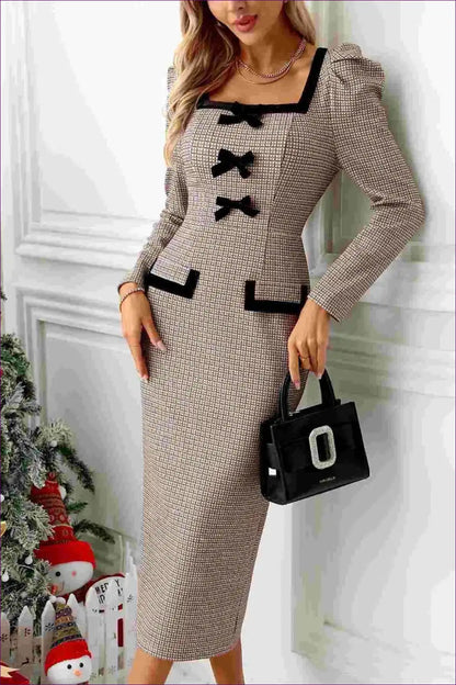 Tweed Midi Dress with Bow Details - Office Chic for Autumn, Bodycon, Casual, Everyday, Formal Wear