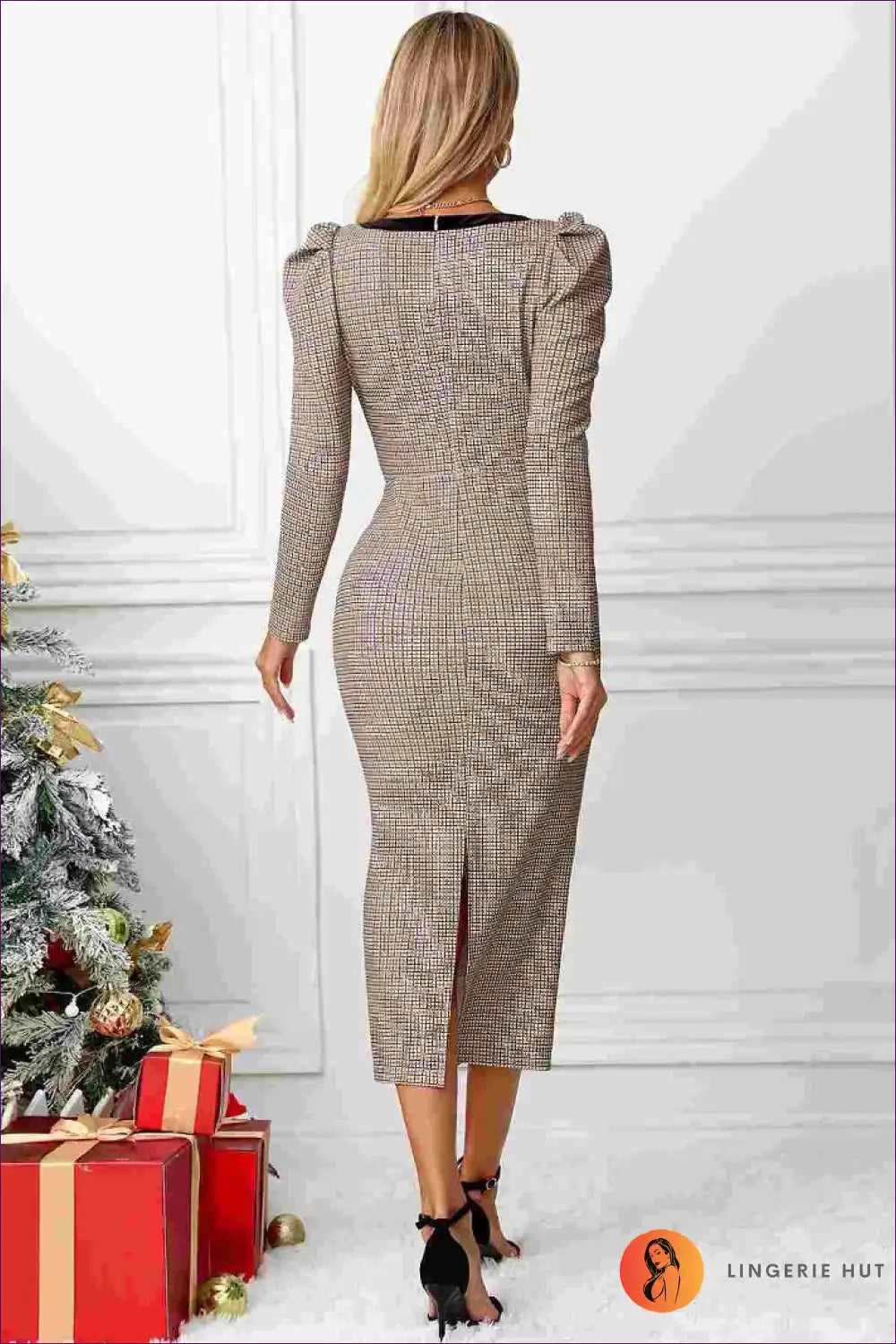 Tweed Midi Dress with Bow Details - Office Chic for Autumn, Bodycon, Casual, Everyday, Formal Wear