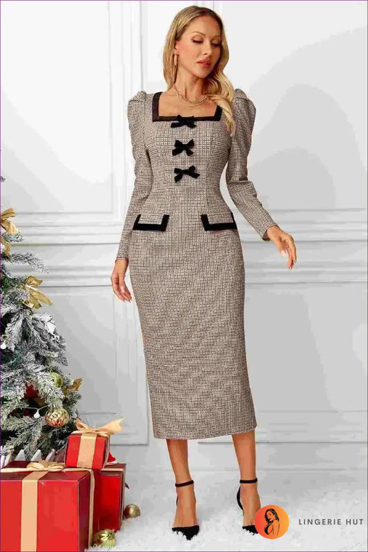 Tweed Midi Dress with Bow Details - Office Chic for Autumn, Bodycon, Casual, Everyday, Formal Wear
